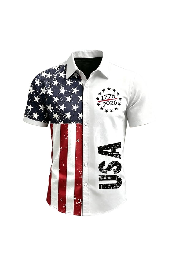 M-4XL 250 Anniversary USA Mens Button Down Shirt 4th of July 250 Years American T-Shirt USA Flag Shirts for Men White XXXL