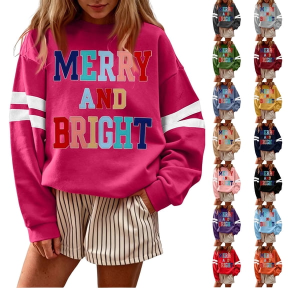 Trgacdwlo MERRY AND BRIGHT Oversized Christmas Sweatshirt for Women Striped Sleeve Crew Neck Sweatshirts Women Fall Winter Xmas Festival Pullover Tops