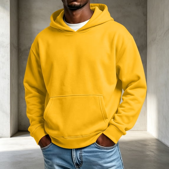 Trgacdwlo Men Fleece Hoodies Fall Winter Fuzzy Men's Sweatshirts and Hoodies Solid Color Long Sleeve Flannel Pullover Men with Pocket Yellow XL