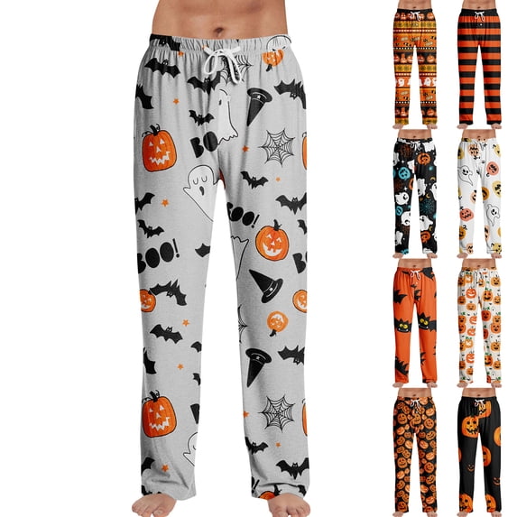 Trgacdwlo Men's Halloween Pajama Pants Funny Pumpkin Graphic Fall Mens Lounge Pants Vintage Ghost Pattern Festival Elastic Waist Pj Bottoms for Men