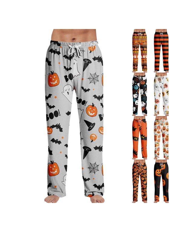 Men's Halloween Pajama Pants Funny Pumpkin Graphic Fall Mens Lounge Pants Vintage Ghost Pattern Festival Elastic Waist Pj Bottoms for Men