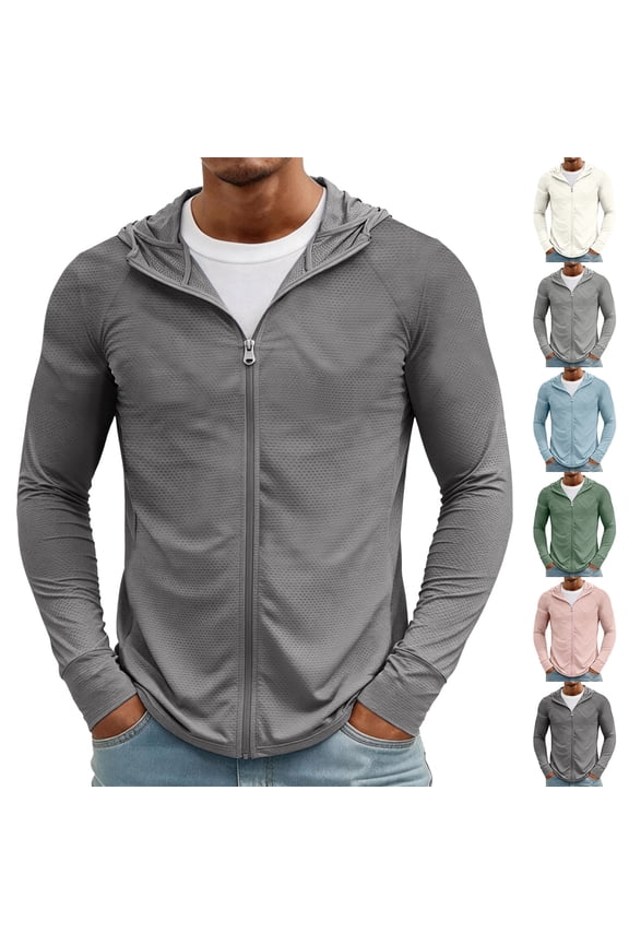 Men's Sun Protection Jacket Hoodie Clothing Quick Dry Cooling Zip Up Rash Guard Hiking Running Fishing Shirts for Men Gray M