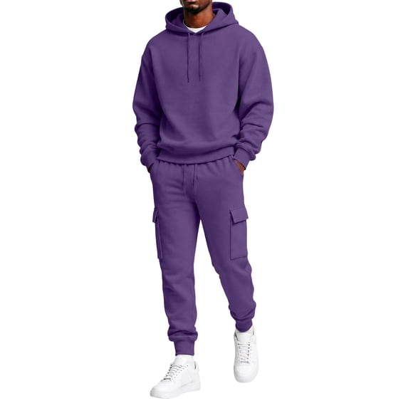 Trgacdwlo Men's Tracksuit 2 Piece Sweatsuit Set Drawstring Hoddies and Cargo Sweatpants Set Fall Winter Tracksuit Hoodie Suit Set Men's Casual Outfits Dark Purple XL