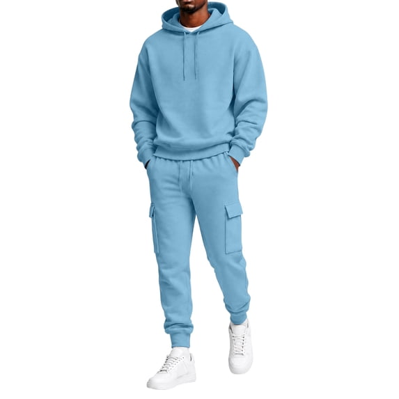 Trgacdwlo Men's Tracksuit 2 Piece Sweatsuit Set Sweat Hoodie Athletic Carg Pants Set Relaxed Fall Winter Tracksuit Outfits Jogging Suit Hooded Set Blue XL
