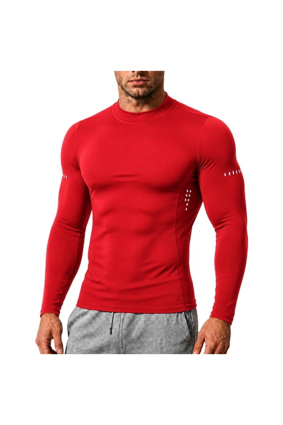 Mens Compression Shirt Long Sleeve Mock Turtleneck Base Layer Athletic Quick Dry Muscle Gym Workout Shirts Red L