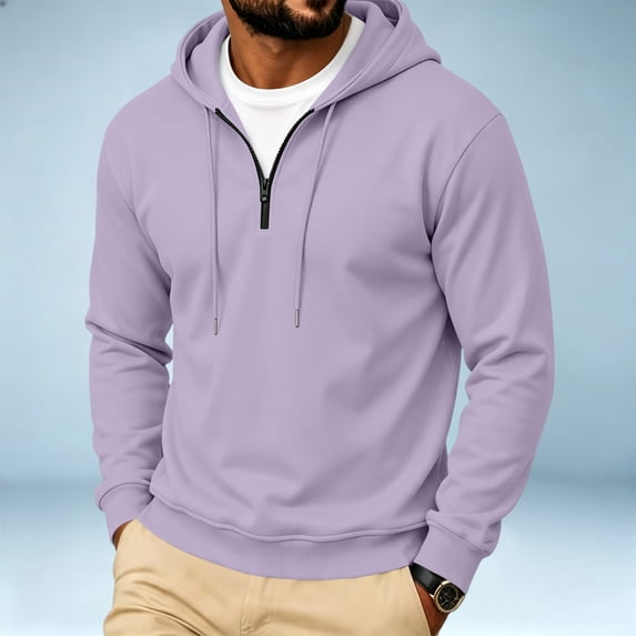 Trgacdwlo Mens Quarter Zip Hoodie Plain Long Sleeve Pullover for Men Drawstring Fall Winter Gym Sports Mens Sweatshirts Hoodies Light Purple L