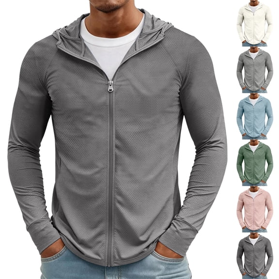Trgacdwlo Mens UPF 50+ Sun Protection Hoodie Jacket Quick Dry Cooling Zipper Rash Guard Hiking Running Fishing Shirts for Men Gray XL
