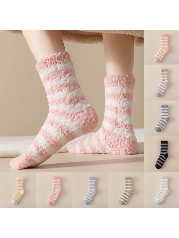 Non Slip Ultra Soft Fuzzy Crew Slipper Socks for Women, Horizontal Striped Cozy Mid Calf House Slipper Socks, Thermal Indoor Sleep Socks for Reading, Resting