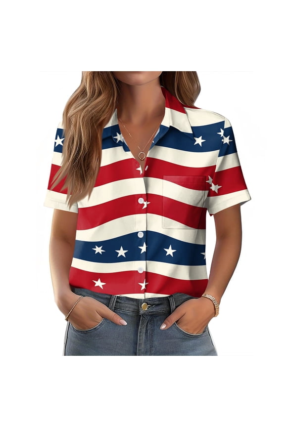 Patriotic Womens Button Down Blouse Collared 250th Anniversary Womens Short Sleeve Shirts Freedom Tee Tops