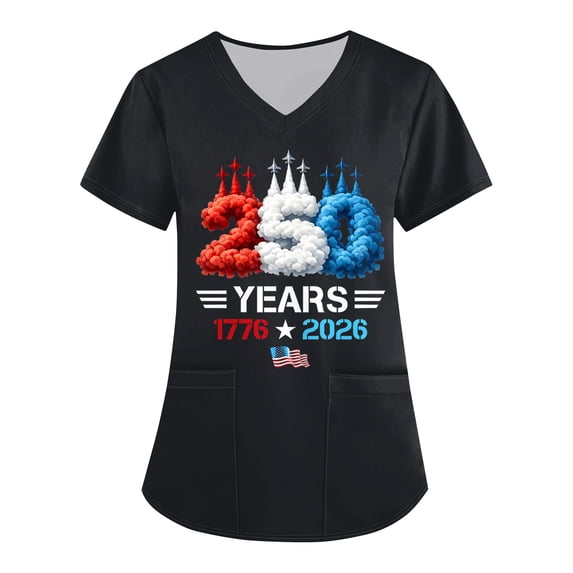 Trgacdwlo Plus Size 4th of July Women's Scrub Tops 1776-2026 Flag Print Nursing Uniforms for Women with Pocket Celebration V Neck Short Sleeve Women Work Tops S-5XL