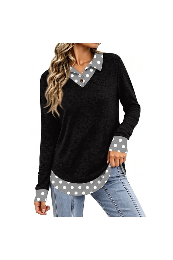 Polka Dot Collar Layered Polo Shirt Women 2-in-1 Patchwork Fake Two Piece Tunic Shirts for Women Work Office Women Long Sleeve Tops Fall Teachers Outfits
