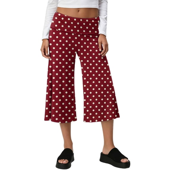 Trgacdwlo Polka Dot Gaucho Capri Pants for Women Flowy Fold Over Wide Leg Women Capri Pants Summer Retro Daily Lounge Trousers Wine XL