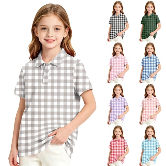 Trgacdwlo Polo Shirts for Girls Plaid Short Sleeve Polo Uniform Shirts for Girls & Boys Back To School Button Collared Cute Teen Boys Clothes