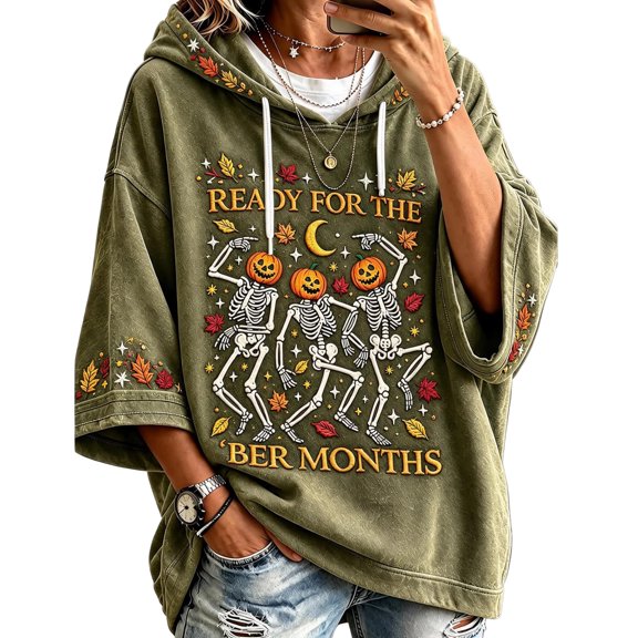 Trgacdwlo I'm Ready for the BER Months 3/4 Sleeve Hoodies Women Autumn Themed Pullover for Women Halloween Thanksgiving Christmas Holiday Sweatshirt for Women XXL