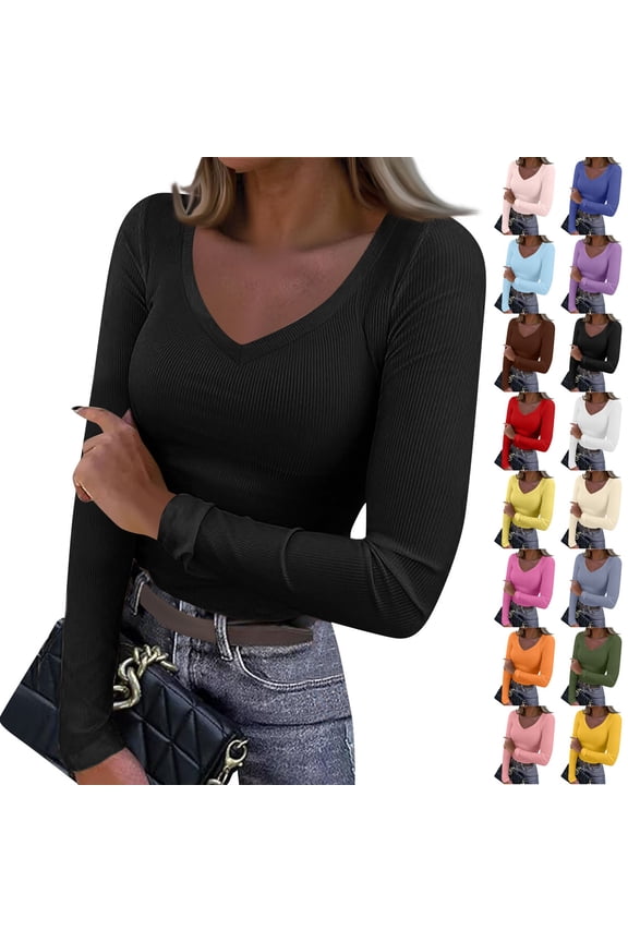 Ribbed Knit Womens Long Sleeve T Shirts V Neck Womens Base Layer Slim Fit Basic Daily Wear Orange Womens Shirts