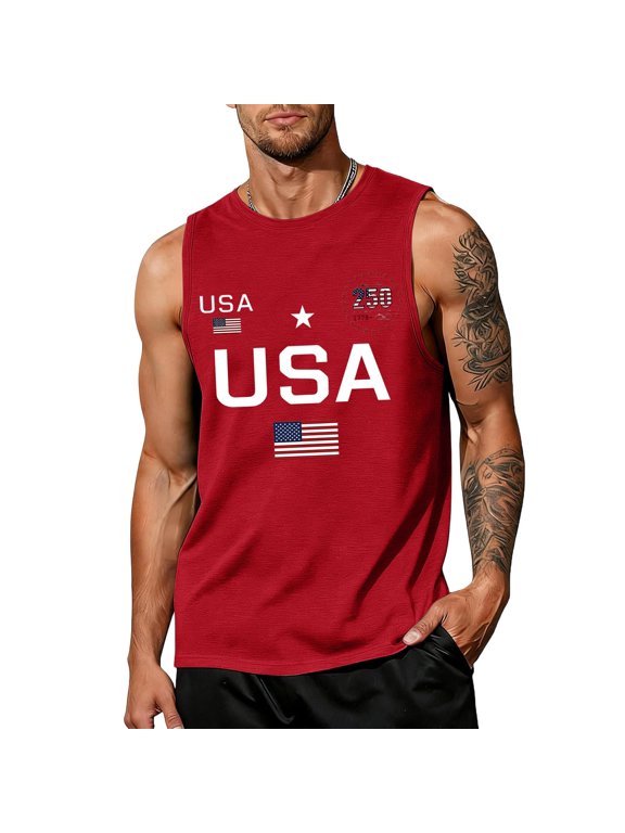 S-5XL Big and Tall USA Tank Tops Men American Flag 250th Anniversary Shirt Summer Patriotic Mens Sleeveless Shirts Red L