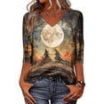 thumbnail image 1 of Trgacdwlo S-5XL Halloween Shirts for Women Vintage Ghost Pattern V Neck 3/4 Length Sleeve Womens Tops Fall Funny Pumpkin Ghost Pullover Shirts, 1 of 7