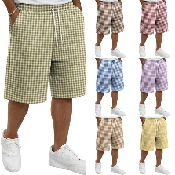 Trgacdwlo S-5XL Plaid Mens Beach Shorts Breathable Mens Casual Shorts with Pocket Elastic Waist Drawstring Mens Athletic Shorts