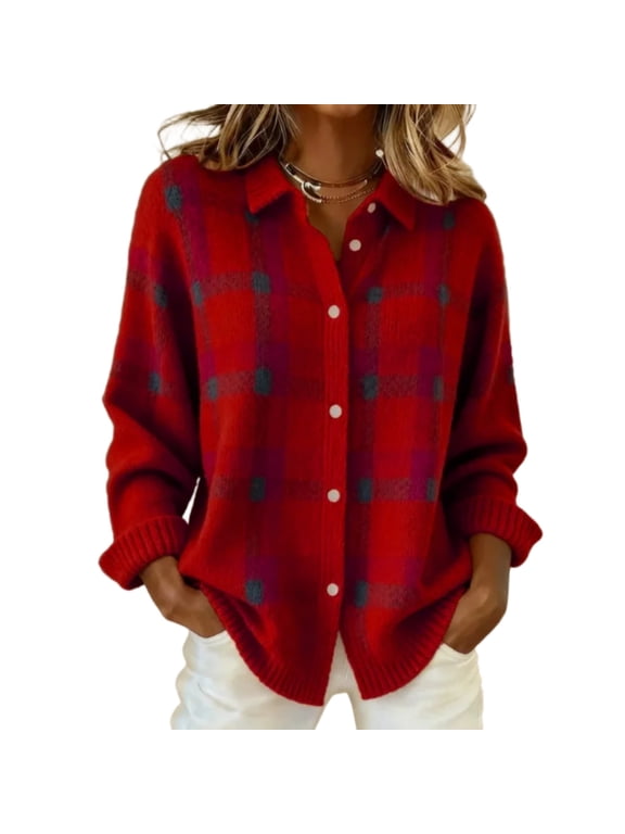 S-5XL Plaid Plus Size Knit Cardigan Women Open Front Lapel Collar Jacket Women Fall Winter Color Block Retro Textured Knit Women's Sweaters M