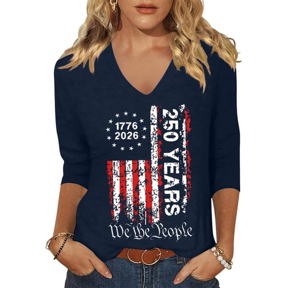 Trgacdwlo S-5XL Plus Size 250 Anniversary USA Shirt Women V Neck 3/4 Sleeve T Shirts for Women We the People Patriotic Shirts for Women Navy L