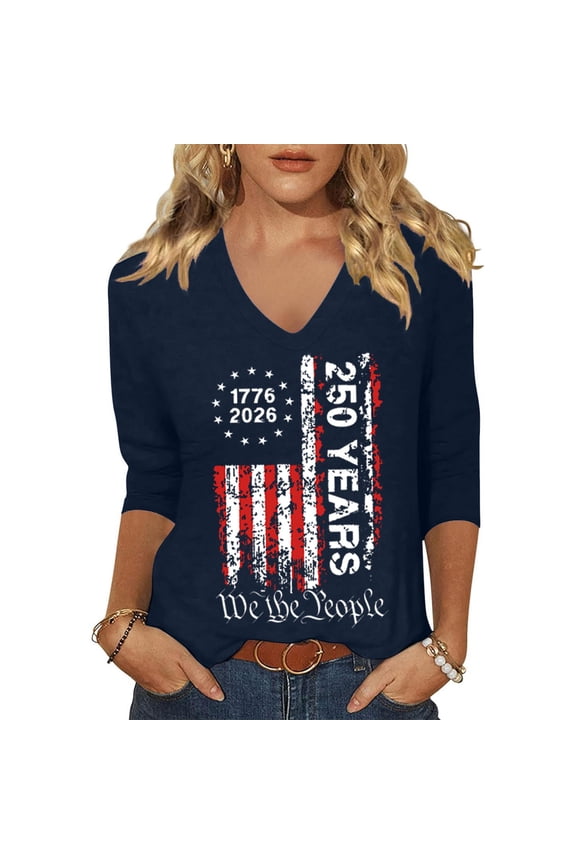 S-5XL Plus Size 250th Anniversary USA Shirt V Neck Womens 3/4 Sleeve Tops We the People Patriotic Shirts for Women Navy 5XL