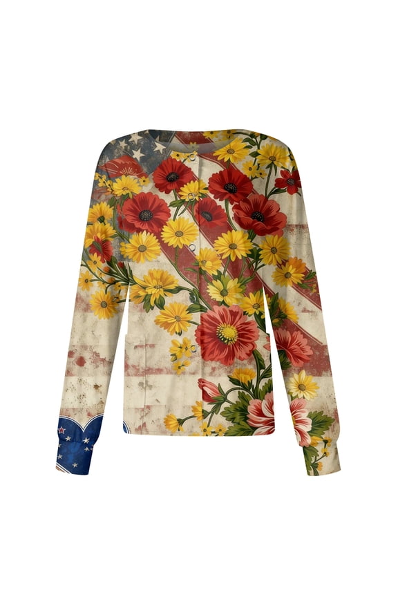 S-5XL Plus Size 4th of July Womens Scrub Jacket Stars Stripes Snap Front Women Nurse Uniform with Pocket