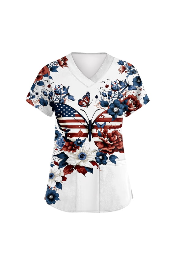 S-5XL Plus Size 4th of July Womens Scrubs Top Workwear V Neck Short Sleeve 250th Anniversary Women Nurse Uniform with Pocket