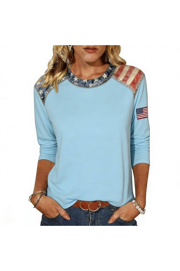 S-5XL USA 250th Anniversary Shirt Flag Print Independence Day 4th of July Womens Shirt Patriotic Womens Tops 3/4 Sleeve Blue M