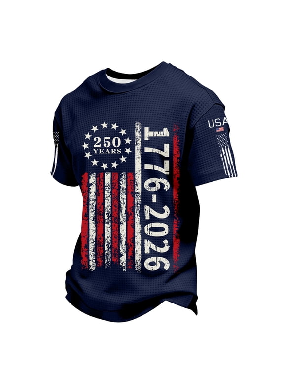 S-5XL Waffle Men's 4th of July Shirts Independence Day 250th Anniversary USA Shirt 1776-2026 Flag Print Celebration Mens Big and Tall Shirt