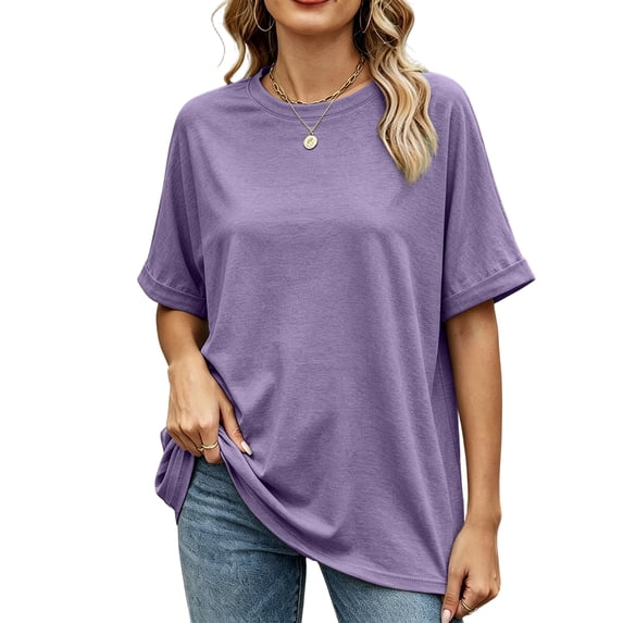 Trgacdwlo S-6XL Plus Size Women's Tunics Crew Neck Short Sleeve Tops for Women Hide Belly Summer Vacation Purple Tops for Women