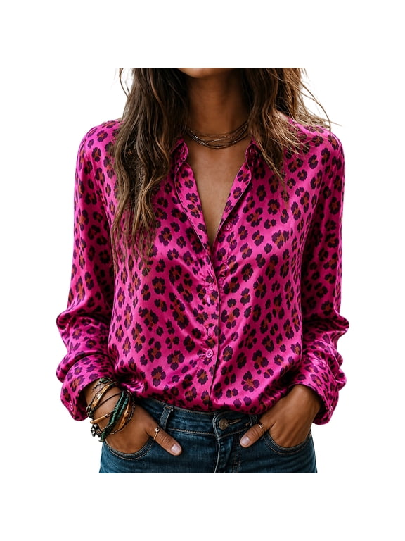 Silk Satin Women's Button Down Shirts Leopard Print Long Sleeve Shirts Women Collared Elegant Womens Blouses Dressy Casual