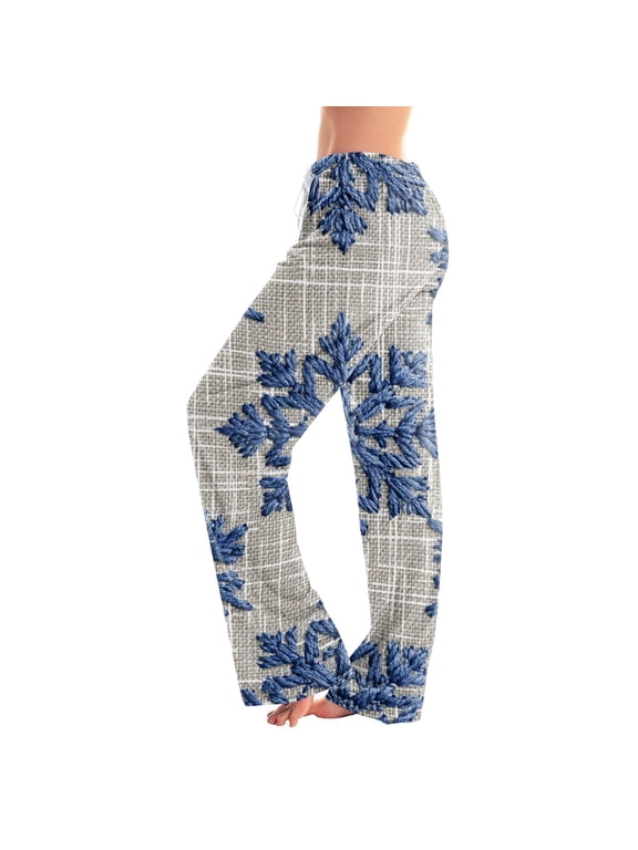Snowflake Print Pajama Bottoms Women Fall Winter Wide Leg Christmas Pj Pants Women Comfy Soft Xmas Elastic Waist Womens Sleep Pants