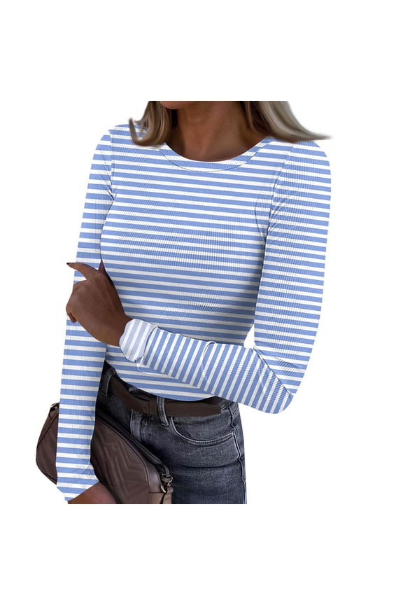Striped Womens Long Sleeve T Shirts Crew Neck Basic Slim Fit Womens Base Layer Ribbed Daily Wear Women Undershirt