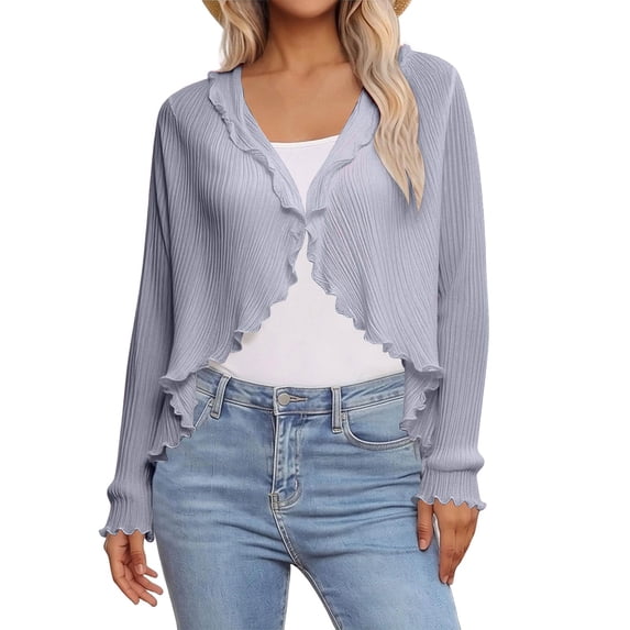 Trgacdwlo Summer Chiffon Crop Cardigans for Women Lightweight Open Front Casual Long Sleeve Beach Cover Up Tops for Everyday Street Wear