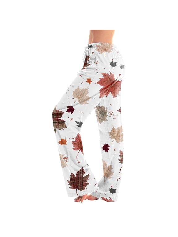 Thanksgiving Pj Pants Women Fall Maple Leaf Graphic Wide Leg Womens Pj Bottoms Comfy Soft Sleepwear Elastic Waist Sleeping Pants Women