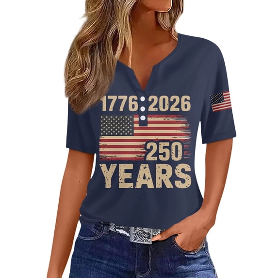 Trgacdwlo USA 250th Anniversary T Shirt Short Sleeves Tops for Women Button V Neck Flag Print Freedom 4th of July Women Tshirts Graphic Blue XXL