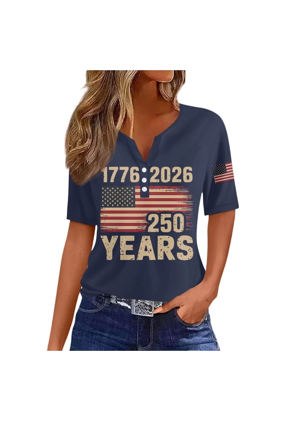 USA 250th Anniversary T Shirt Short Sleeves Tops for Women Button V Neck Flag Print Freedom 4th of July Women Tshirts Graphic Blue XXL