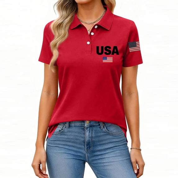 Trgacdwlo USA Womens Polo Shirts American Flag Women's Short Sleeve Shirts 250 Years Anniversary Womens Golf Polo Shirts Red XXL