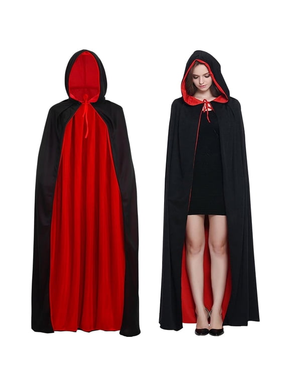 Unisex Adult Reversible Satin Hooded Cape, Black Red Two‑Tone Long Cloak with Neck Tie for Halloween Christmas Festive Dress‑Up Gatherings M