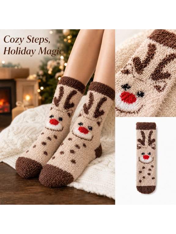 Women Christmas Crew Socks, Fuzzy Fleece Warm Plush Cozy Slipper Socks Soft Winter Home Sleeping Socks, Holiday Gift for Family Friends