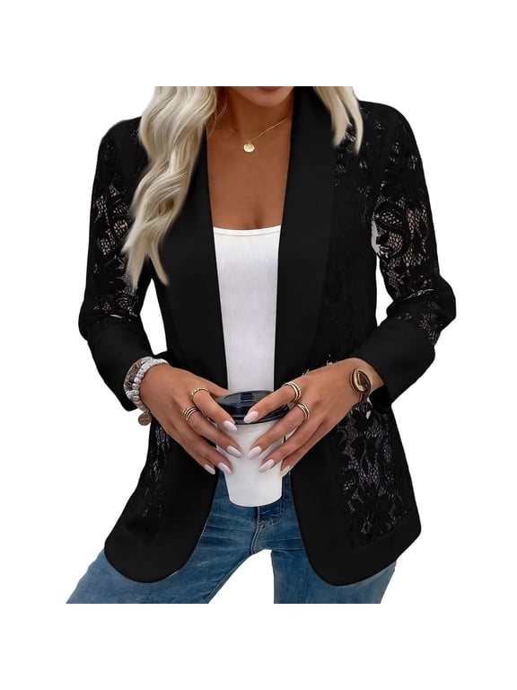 Women's Lace Blazer Open Front Sheer Mesh Blazer Coats Elegant Long Sleeve Casual Lightweight Dressy Summer Jacket Black XL