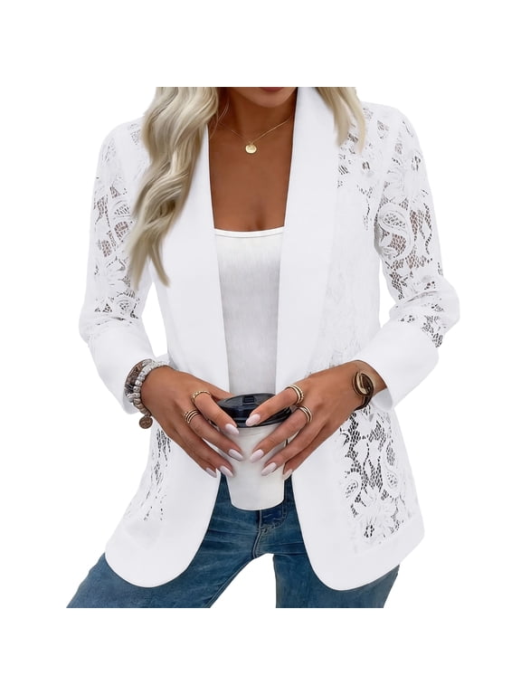 Women's Lace Blazer Open Front Sheer Mesh Blazer Coats Elegant Long Sleeve Casual Lightweight Dressy Summer Jacket White L