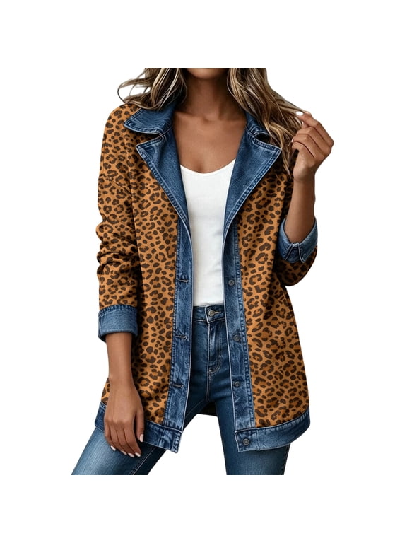 Women's Open Front Jackets Denim Patchwork Leopard Print Lapel Jacket Long Sleeve Cardigan Vintage Western Lightweight Casual Outerwear for Women