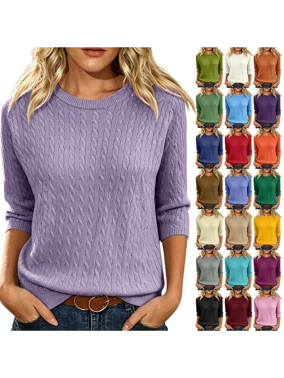 Womens 3/4 Sleeve Cable Knit Sweater Crew Neck Pullover Tops Fall Winter Casual Layering Tops Soft Lightweight Sweaters for Women Camel S