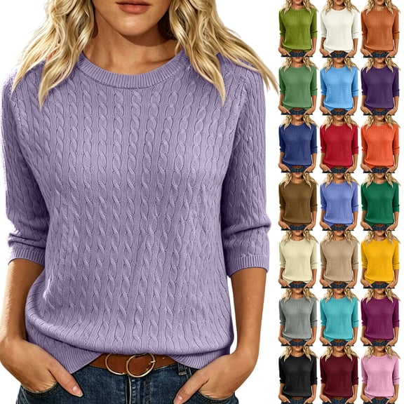 Trgacdwlo Womens 3/4 Sleeve Cable Knit Sweater Crew Neck Pullover Women Fall Winter Base Layer Shirts Soft Lightweight Womens Sweaters White L