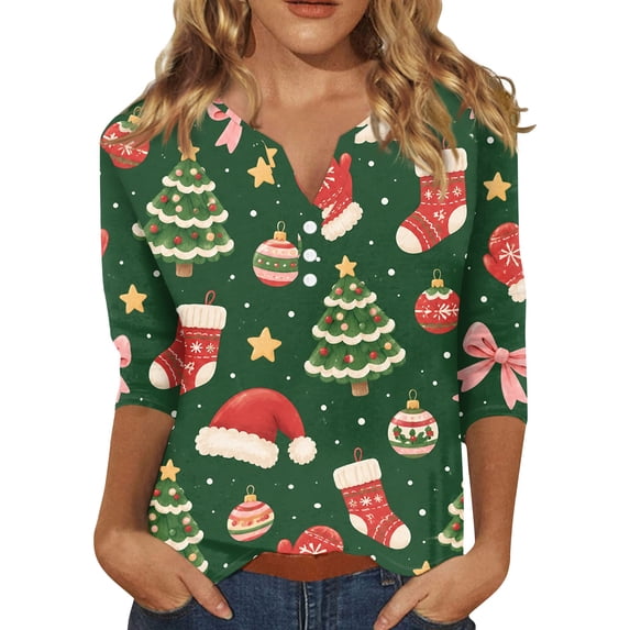 Trgacdwlo Womens Christmas Henley Shirts Santa Claus Pattern Womens 3/4 Sleeve Tops V Neck Button Festival Xmas Tunic Shirts for Women