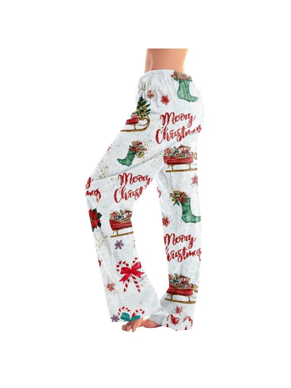 Womens Christmas Pj Pants Wide Leg Vintage Christmas Pattern Womens Lounge Pants Drawstring Comfy Fall Winter Xmas Sleepwear Womens Pj Bottoms