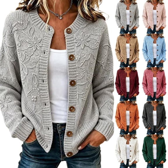 Trgacdwlo Womens Floral Textured Knit Cardigan Crew Neck Long Sleeve Textured Knit Sweater Vintage Embossed Button‑Front Jacket for Fall Winter Khaki XXL