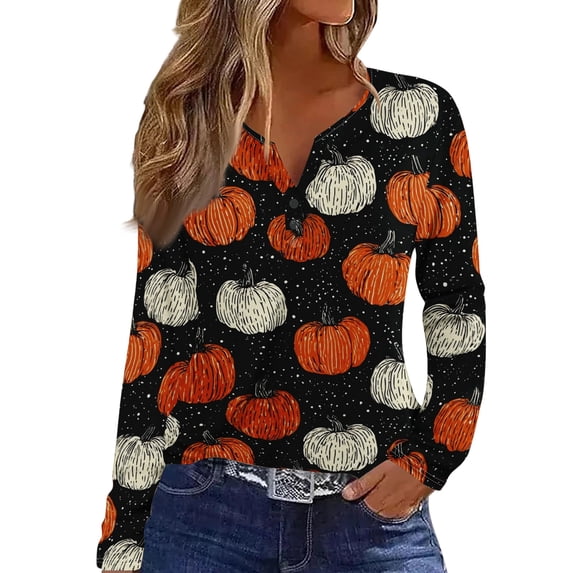 Trgacdwlo Womens Halloween Long Sleeve Shirts Funny Pumpkin Graphic Fall Henley Tops for Women Funny Ghost Graphic Pullover Tops