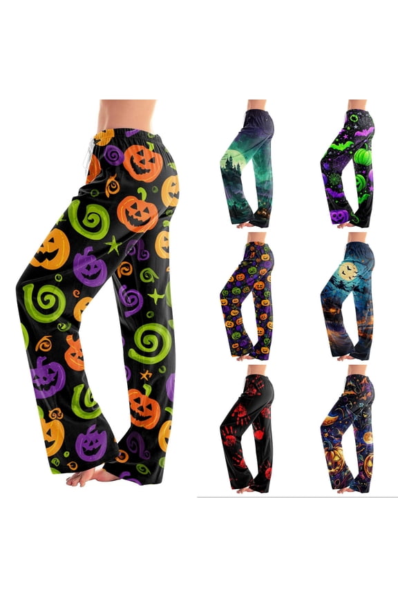 Womens Halloween Pajama Pants Ghost Pumpkin Print Wide Leg Lounge Pants Women Drawstring Fall Winter Womens Pajama Pants